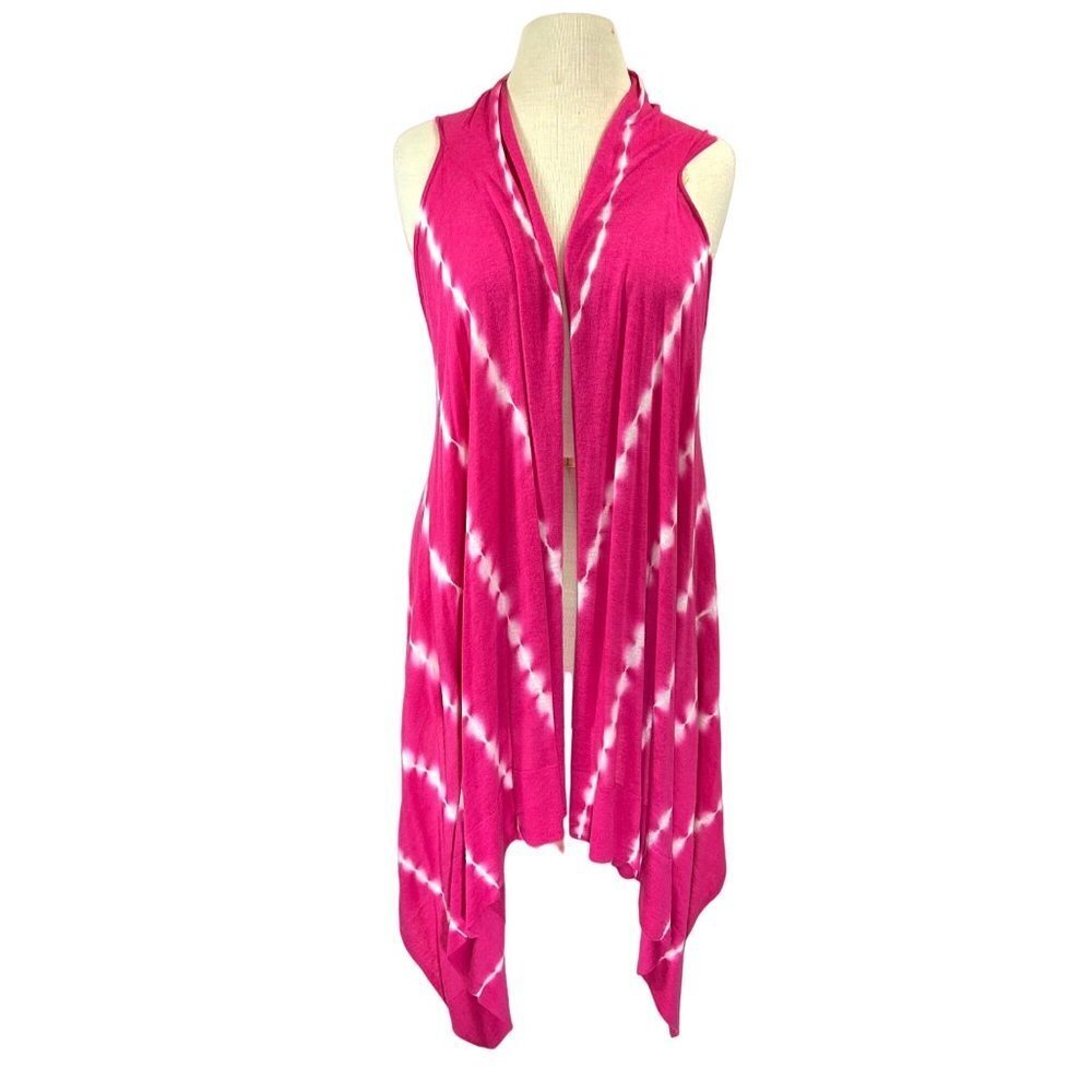 Me Chant Cardigan Women Large Hot Pink Soft Long Sleeveless Uneven Hem Stripe